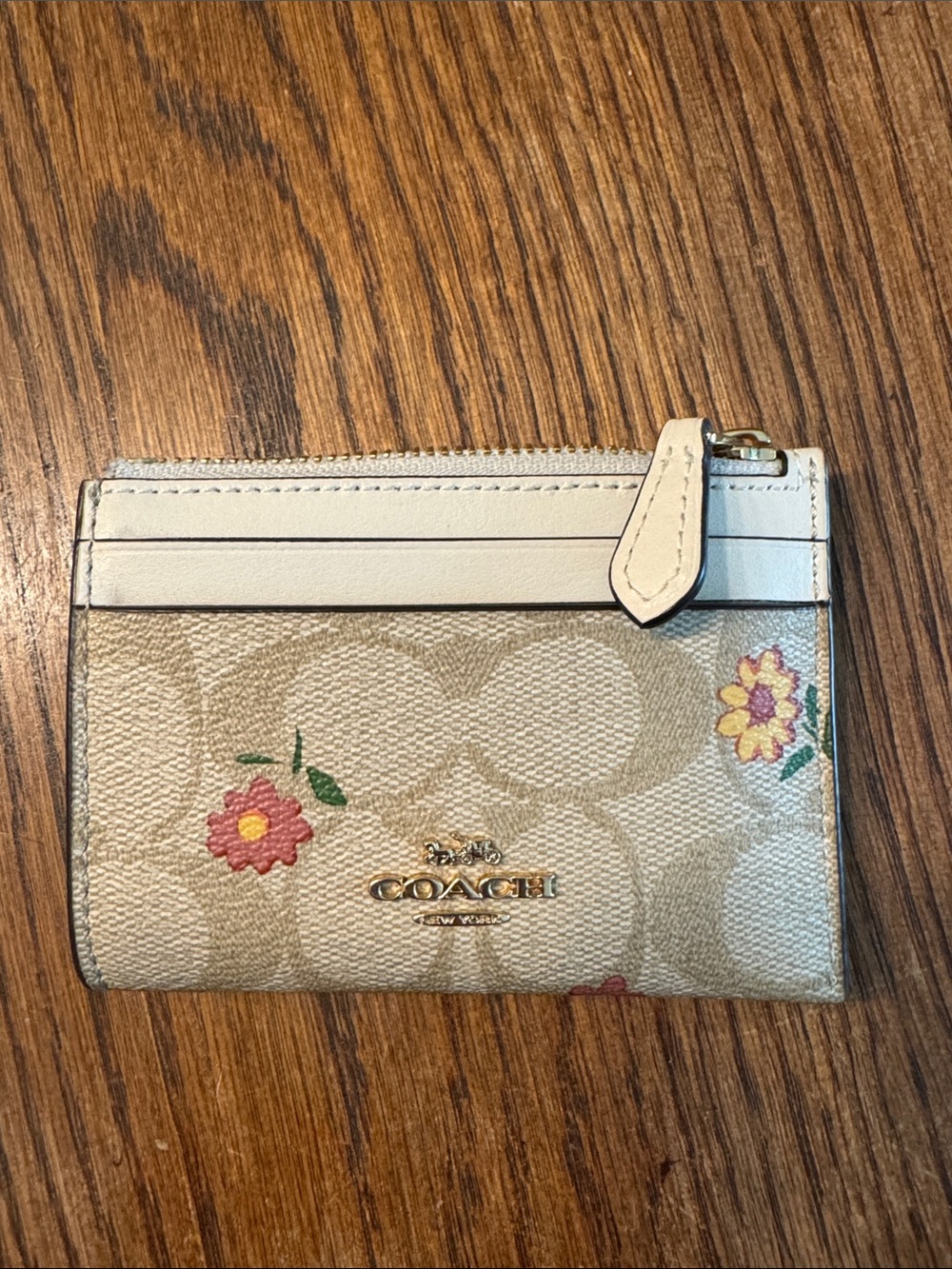 Coach Beige Floral Signature Card Case with Cream Trim and Gold Logo